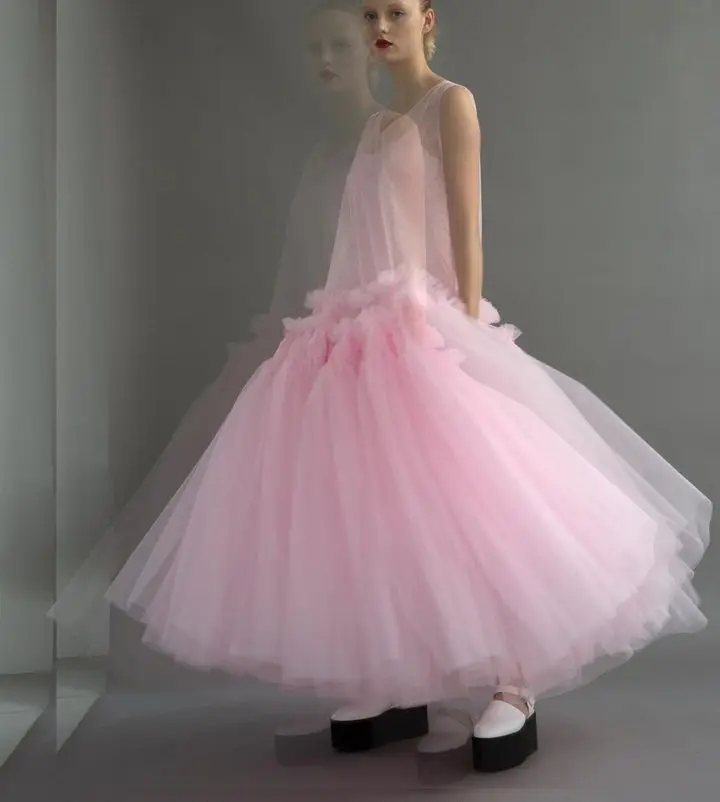 2023 Spring Couture See Thru Dress Puffy Tulle Sheer Hot Pink Prom Party Dresses Custom Made Event Dress Special Occasion Gowns