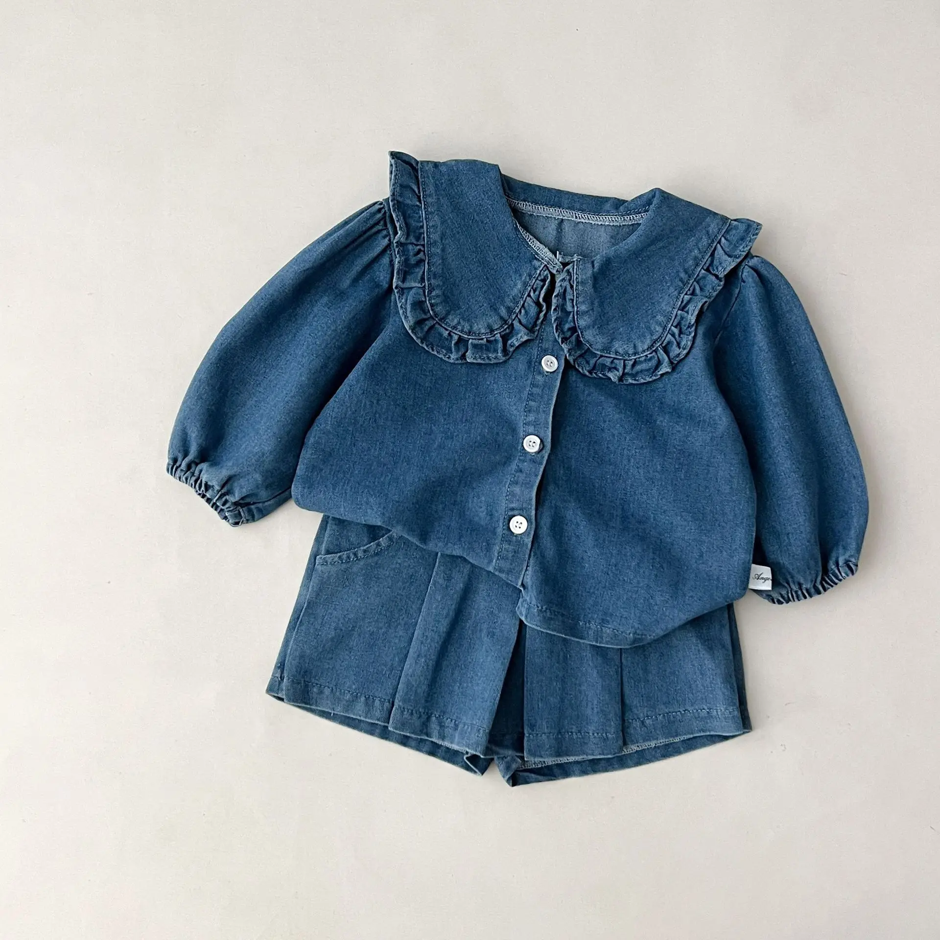 fashionable childrens set denim top+jeans short Korean version girl casual sports two-piece set 0-6 year old childrens cloth