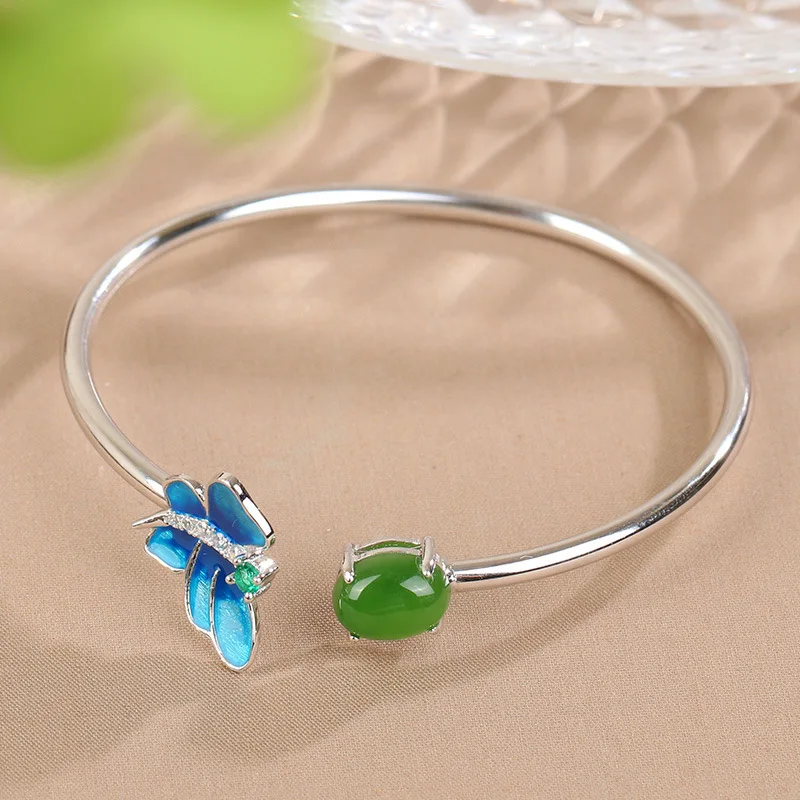 

Женский открытый браслет из стерлингового серебра 925 пробы с инкрустацией натуральным нефритом Хэтянь и яшмой