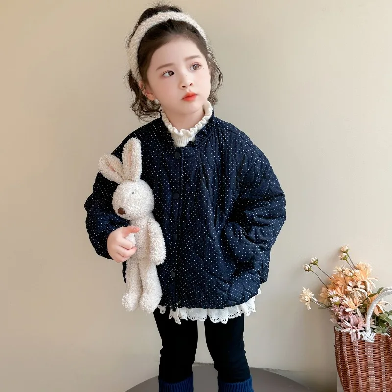 

Плотное хлопковое пальто в горошек для девочек, осень/зима 2022, новое детское корейское модное плотное короткое хлопковое пальто для маленьких девочек