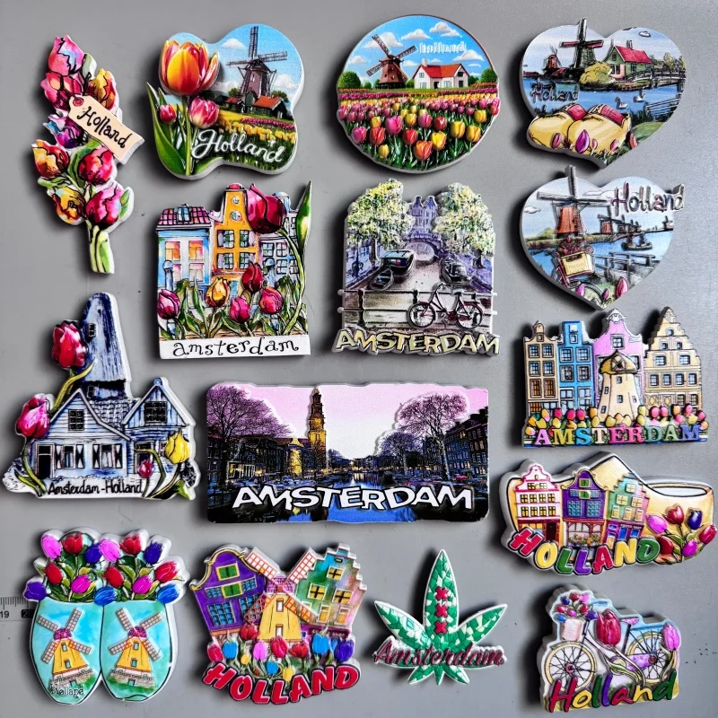 Holland Tourist Souvenirs Amsterdam Fridge Magnets Leiden Old City Windmill HousesTulips Bicycles Dutch Netherlands Home Decor