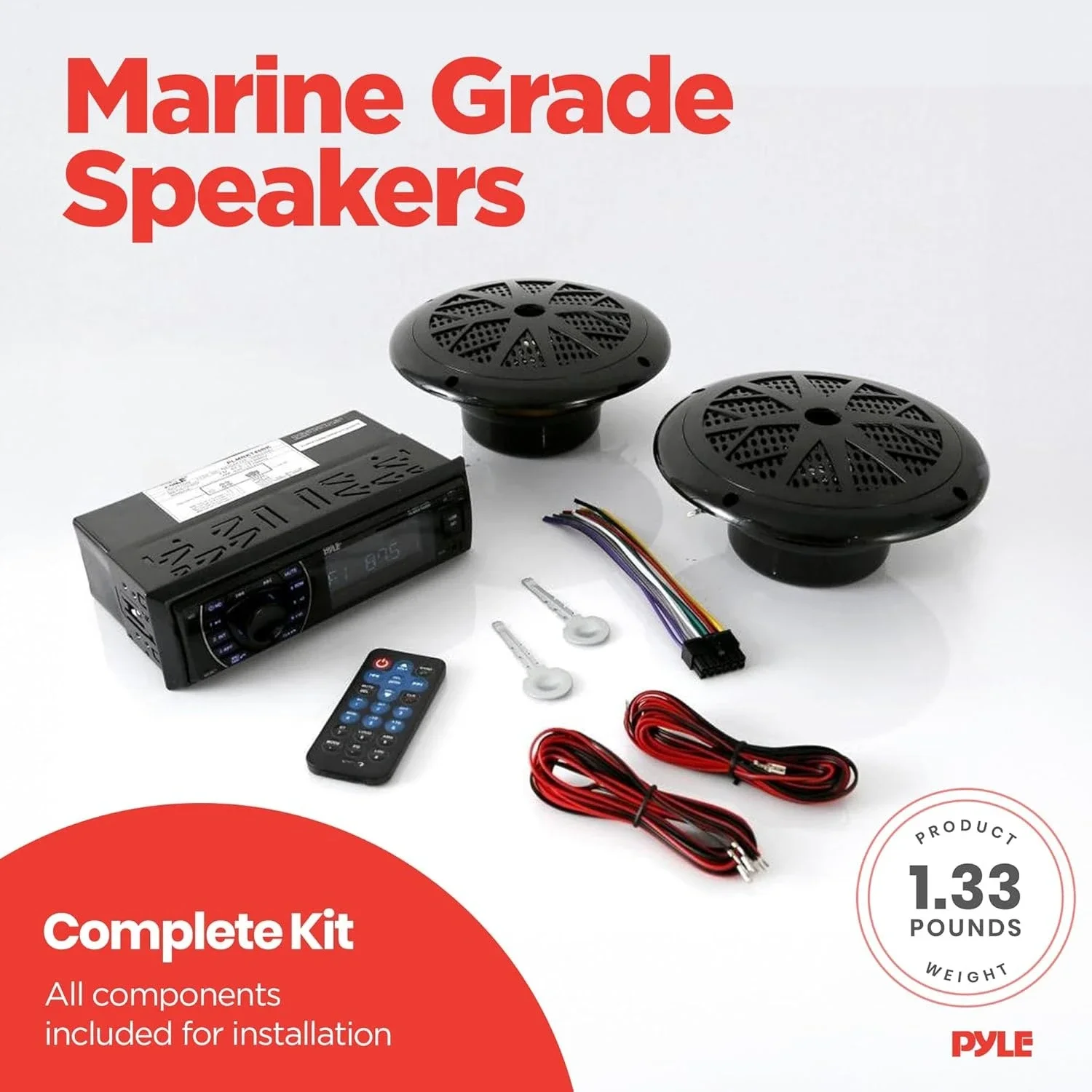 

Marine Headunit Receiver Speaker Kit - In-Dash LCD Digital Stereo Built-in Bluetooth & Microphone .25’’ Waterproof Speakers
