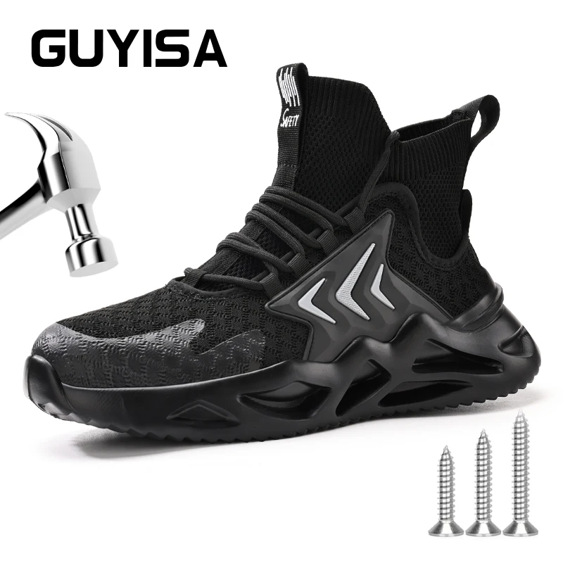 GUYISA Safety shoes High cut hosiery tube Ultra lightweight Steel toe Size 38-46 Black Anti smashing and anti stabbing