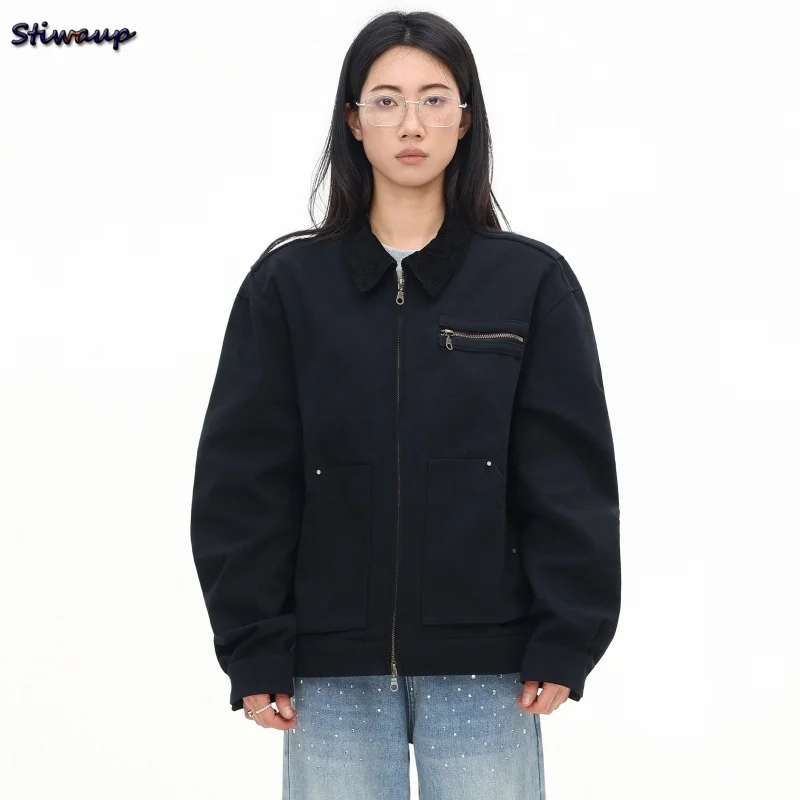 

Women's Short Jacket Black Cotton Autumn Bomber with Lapel Pocket Studs Zipper High Quality Casual Outerwear for Office Outdoor