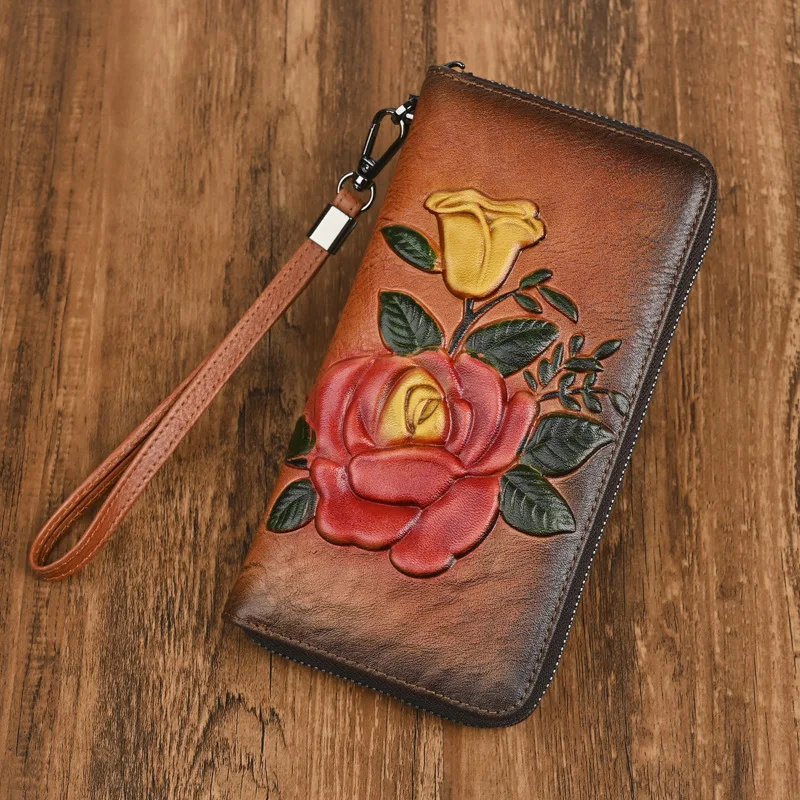 new-ladies-wallet-tanned-leather-zipper-handbag-floral-embossed-anti-theft-brush-women's-purse-stylish-clutch-bag-for-ladies