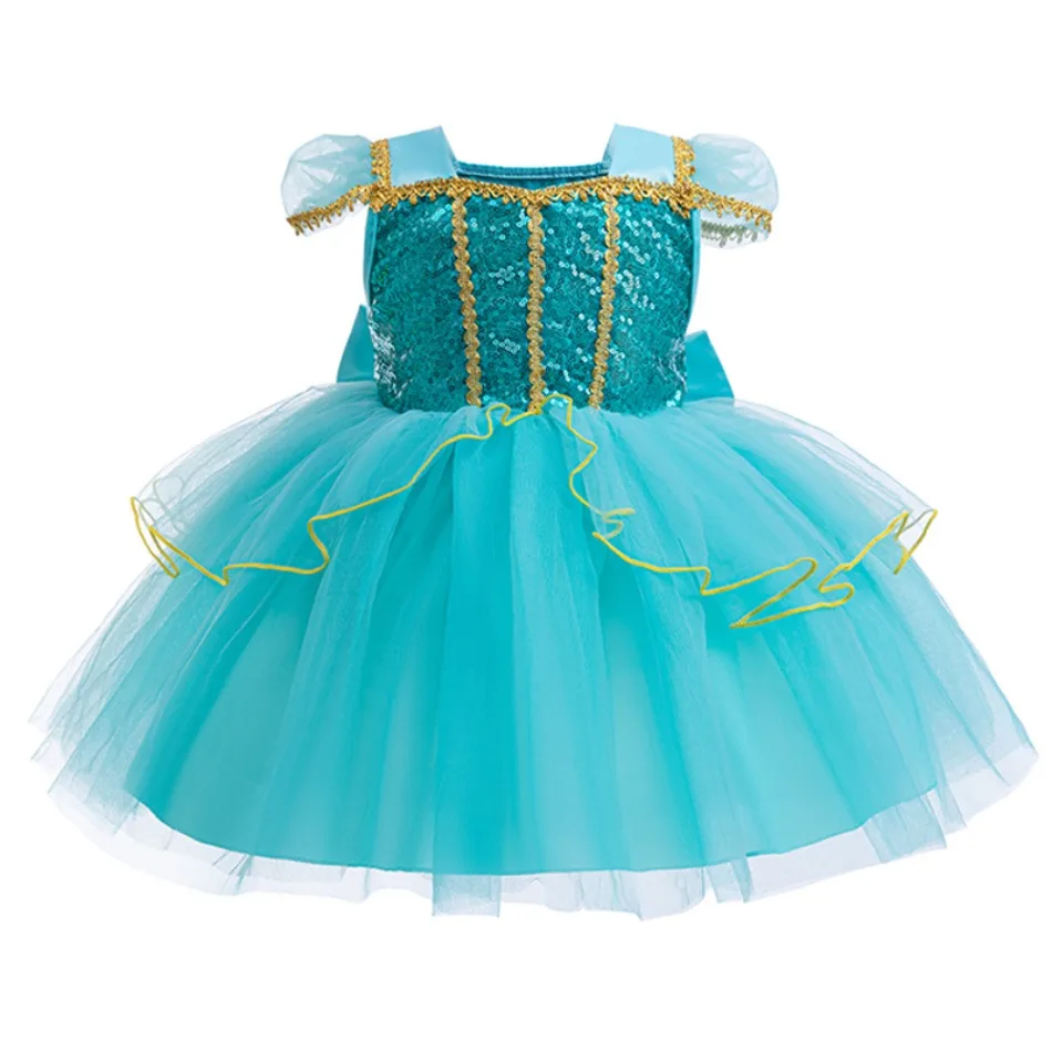 Toddler Aladdin Magic Lamp Girls Dress Baby Girl Halloween Cosplay Jasmine Princess Dresses for Kids Bow Flower Costumes XMZ65