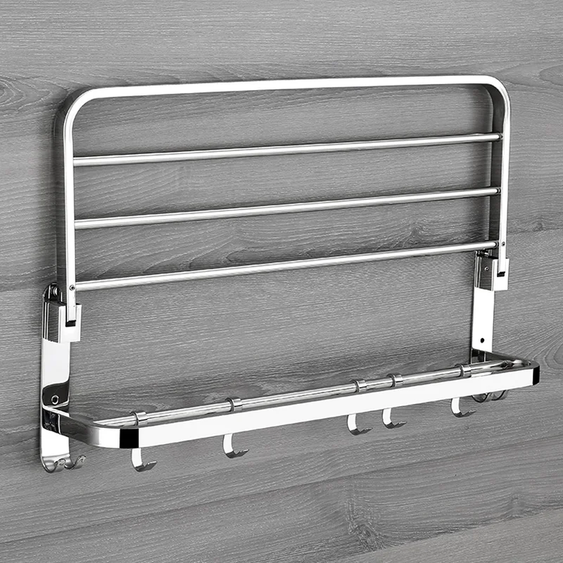 Folding Movable Bath Towel Shelf Stainless Steel Polished Bathroom Towel Rack Holder Storage Shelf Hook Accessories WF