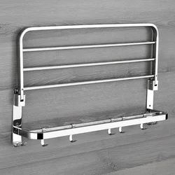 Folding Movable Bath Towel Shelf Stainless Steel Polished Bathroom Towel Rack Holder Storage Shelf Hook Accessories WF