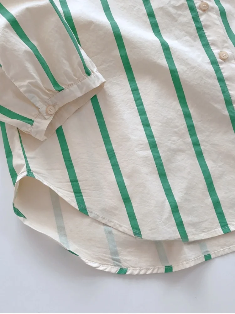 Summer New Sle Women's Casual Striped irt Loose Long Sve Sun Protection Faionable Anti-Aging Top Cotton Blend  C...