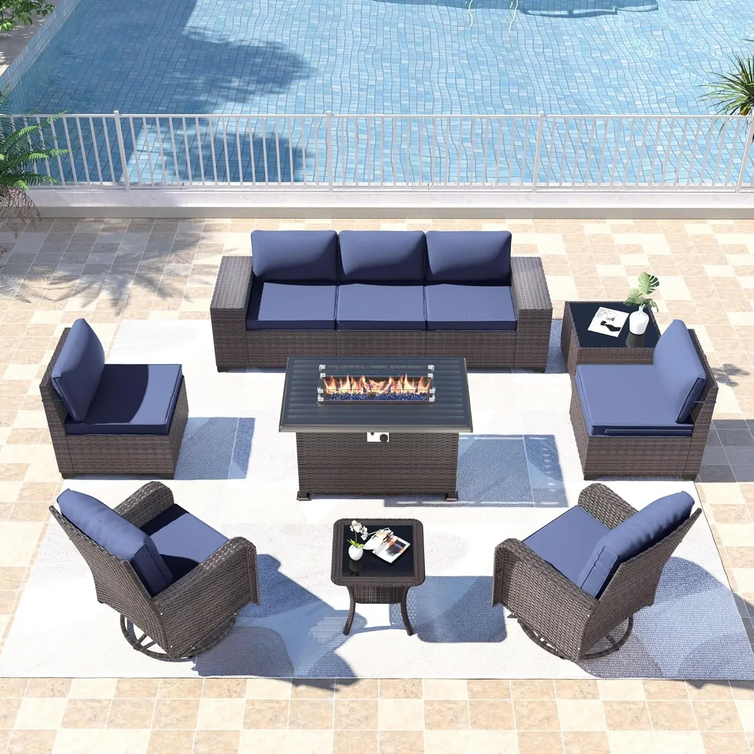 

10 PCS Outdoor Patio Set PE Wicker Rattan Sectional Sofa Patio Conversation Sets Fire Pit Table Swivel Rocking Chairs Dark Blue