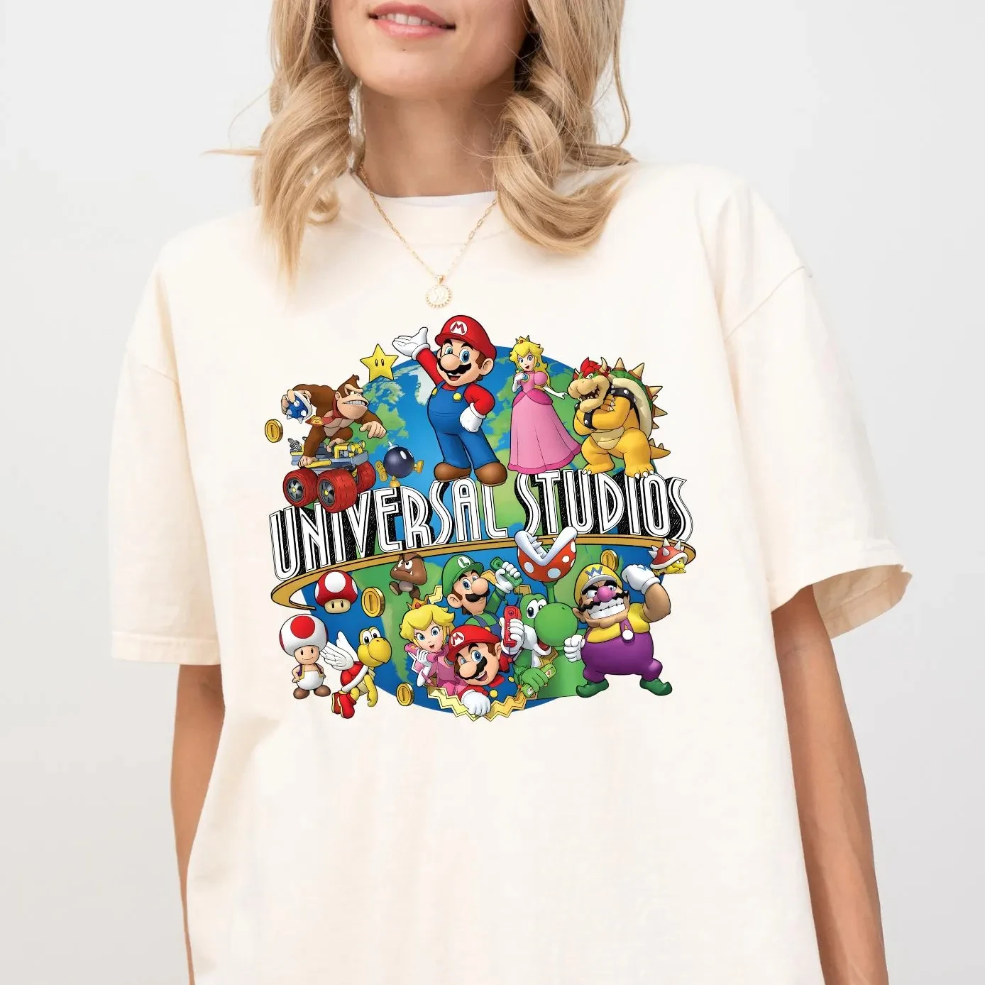 Mario Universal Studios Character Collage T Shirt Cartoon Game Graphic Unisex Ivory Short Sleeve Theme Park Casual Tee