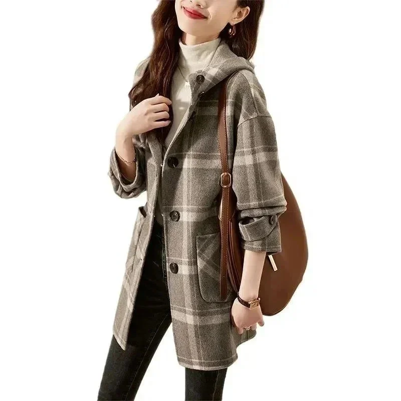 

2026Новинка осени и зимы клетчатая шерстяная куртка женская корейская темпераментная однобортная куртка средней длины женское повседневное пальто женские топы