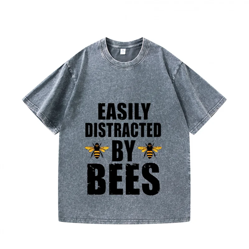 تي شيرت رجالي رمادي يشتت بسهولة بواسطة Bees Graphic Print كاجوال للارتداء اليومي، قمة الموضة الصيفية