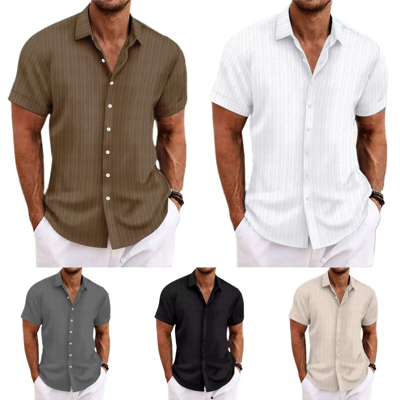 

Мужская хлопково-льняная полосатая жаккардовая спортивная повседневная свободная рубашка с короткими рукавами, весна-лето 2024, новая мода High Street