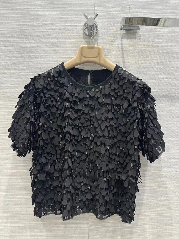

T-shirts For Women Heavy work embroidery Water drop Sequins Decortaion Streetwear Clothes short sleeve Tees Female Clothes