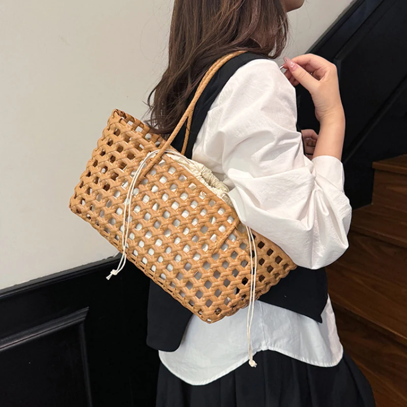 Bohemian Style Hollow-out Woven Basket Bag With Inner Pocket Summer Beach Vacation Handbag Korean Minimalist Women Shoulder Bag