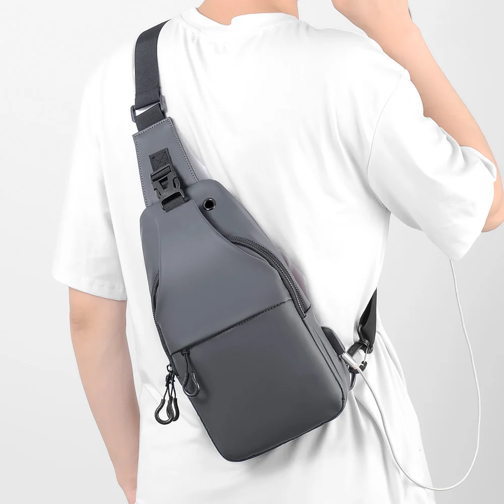 Men Cross body Shoulder Sling Backpack Chest Bag with USB Charge Port Nylon Fashion Motorcycle Rider Male Messenger Side Bags