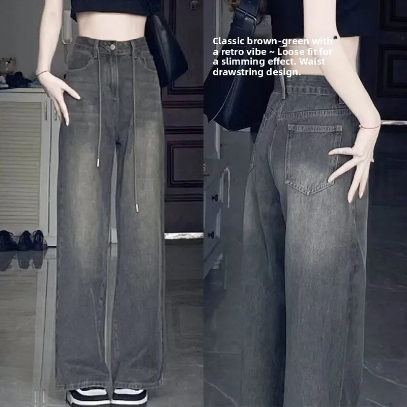 

Retro Floor-Length plus Size Women's Jeans High Waist Loose Straight Leg Slimming Trousers Spring Autumn New Sle