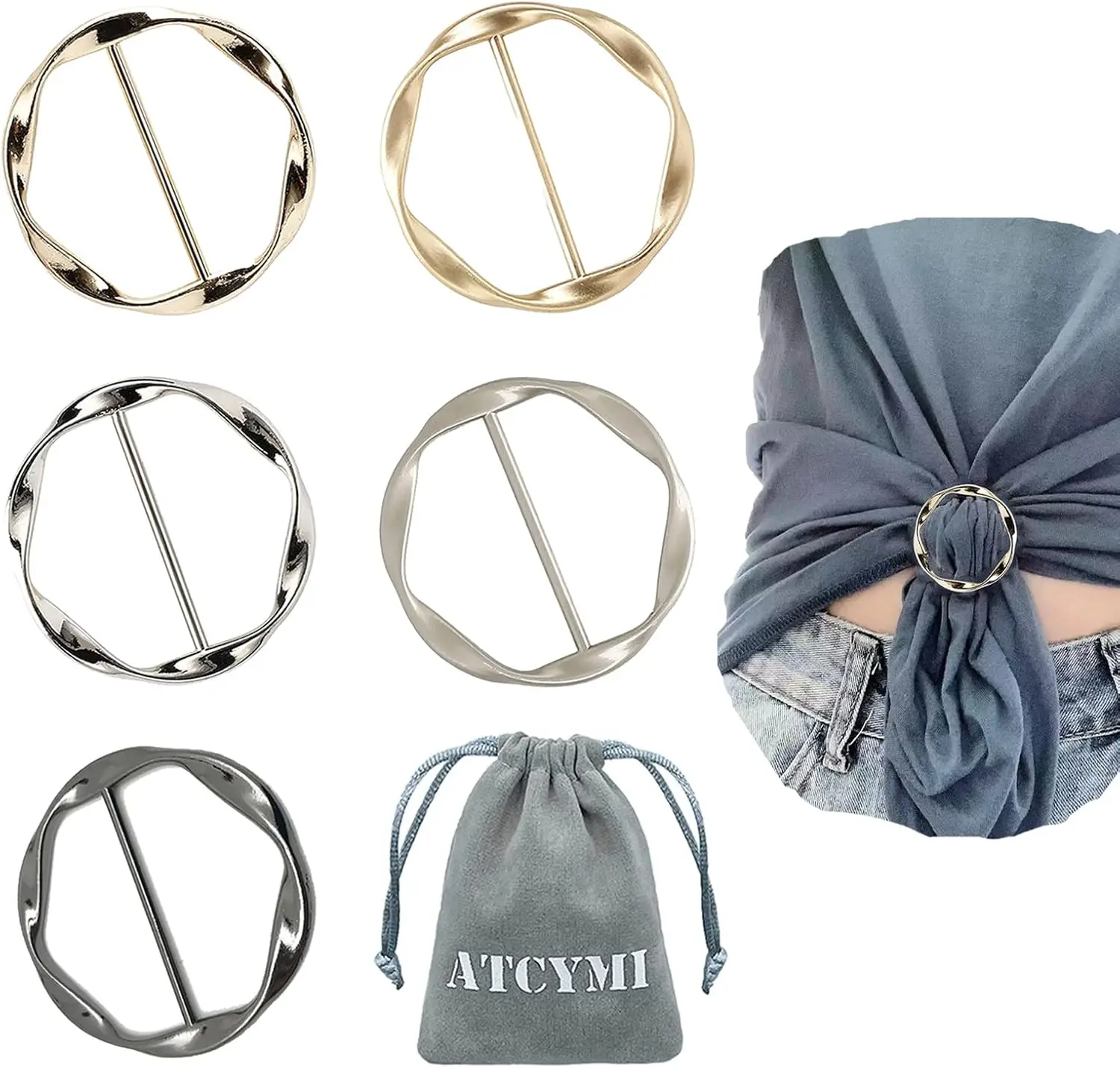 

5PCS Silk Scarf Ring Clip T-shirt Tie Clips for Women Fashion Metal Round Circle Clip Buckle Clothing Ring Wrap Holder with 1 Storage Bag