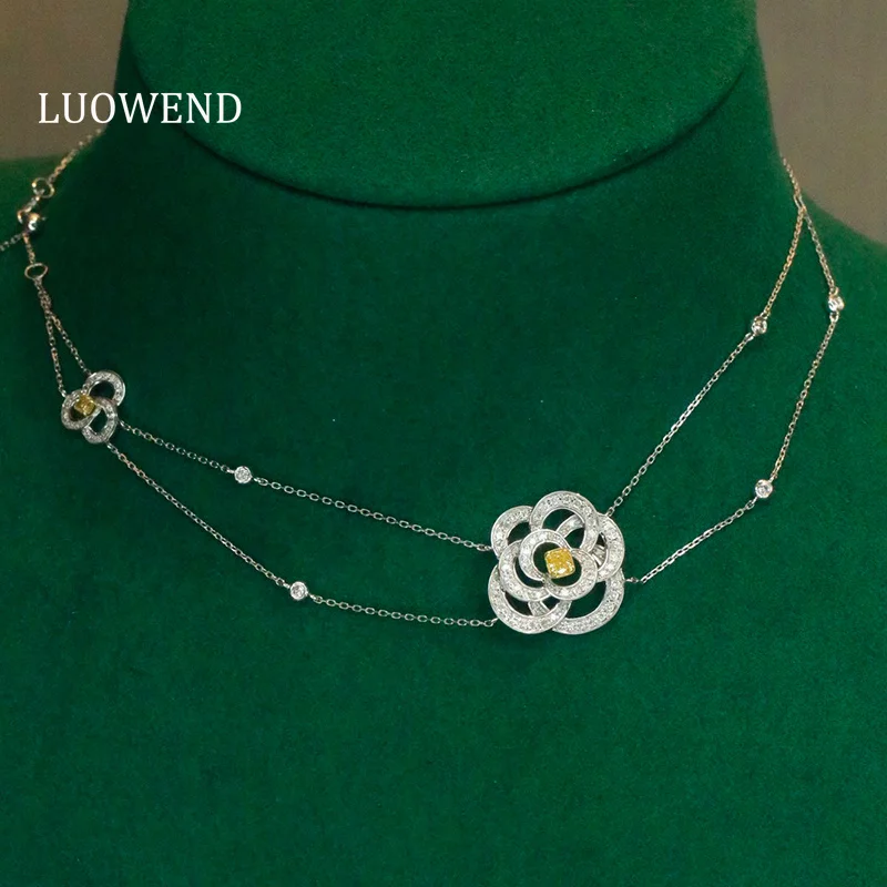 

Ожерелье LUOWEND из 100% белого золота 18 карат с романтическим цветком и натуральными желтыми бриллиантами для женщин, элитные свадебные украшения