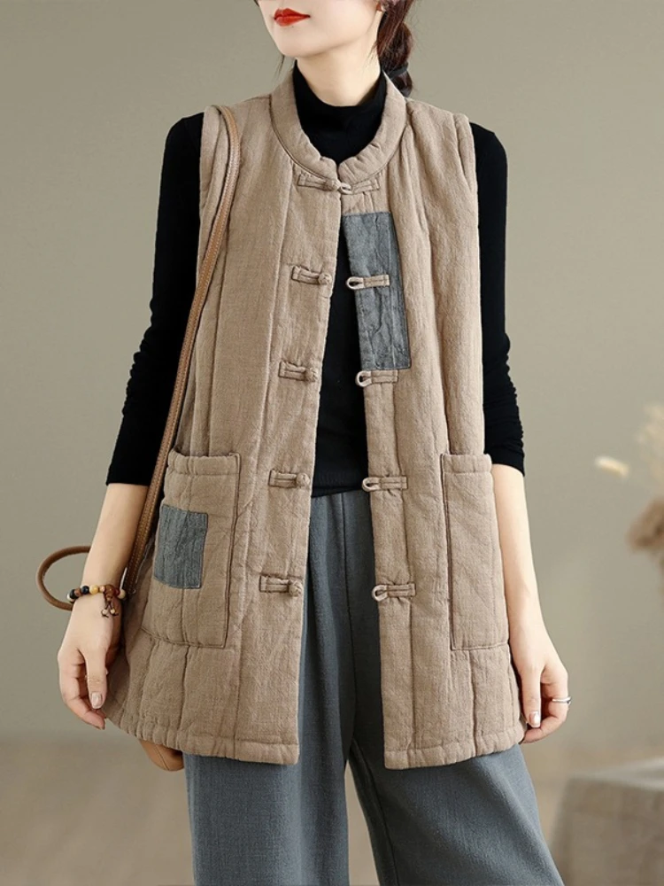 

2025 Autumn Winter New Loose Warm Sleeveless Quilted Cotton And Linen Vest Women Loose Color Blocking Simple Casual Coat