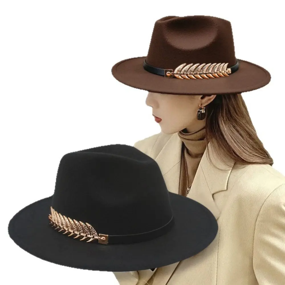 Large Brimmed Woolen Hats Leaf Decoration Performance Cap Fedora Hat Formal Occasion Jazz Hats British Vintage Hats