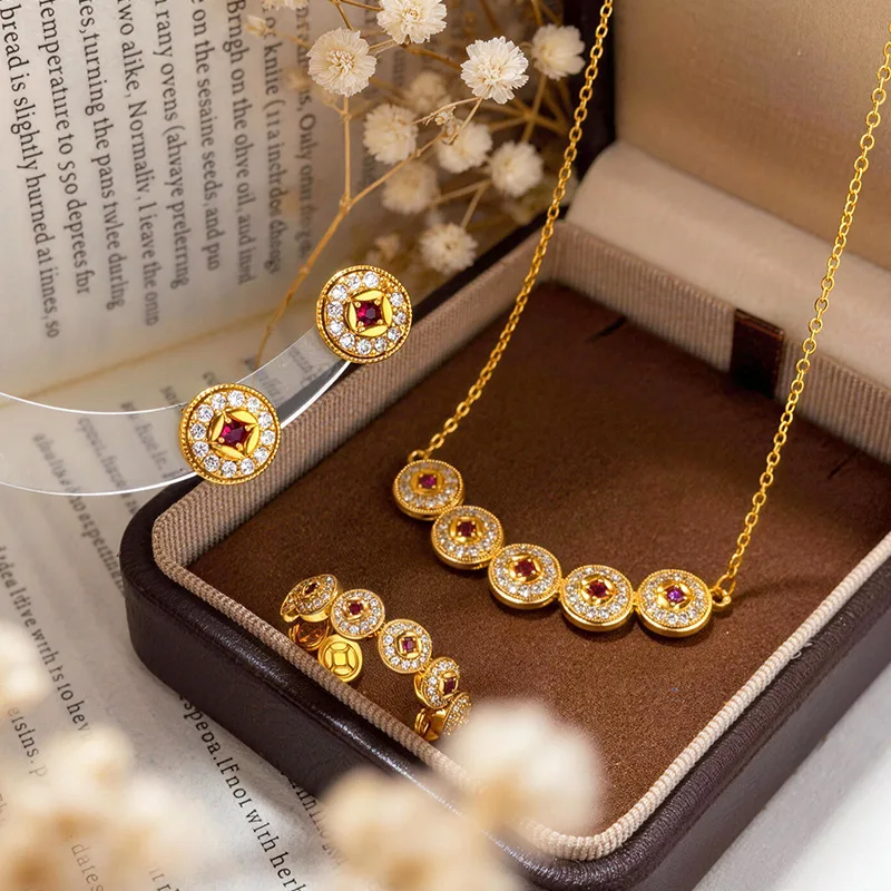 

Daily Versatile Diamond-studded Fortune Necklace Earrings Ring Set For Women 24K Gold AU999 | Commute & party, easy to match