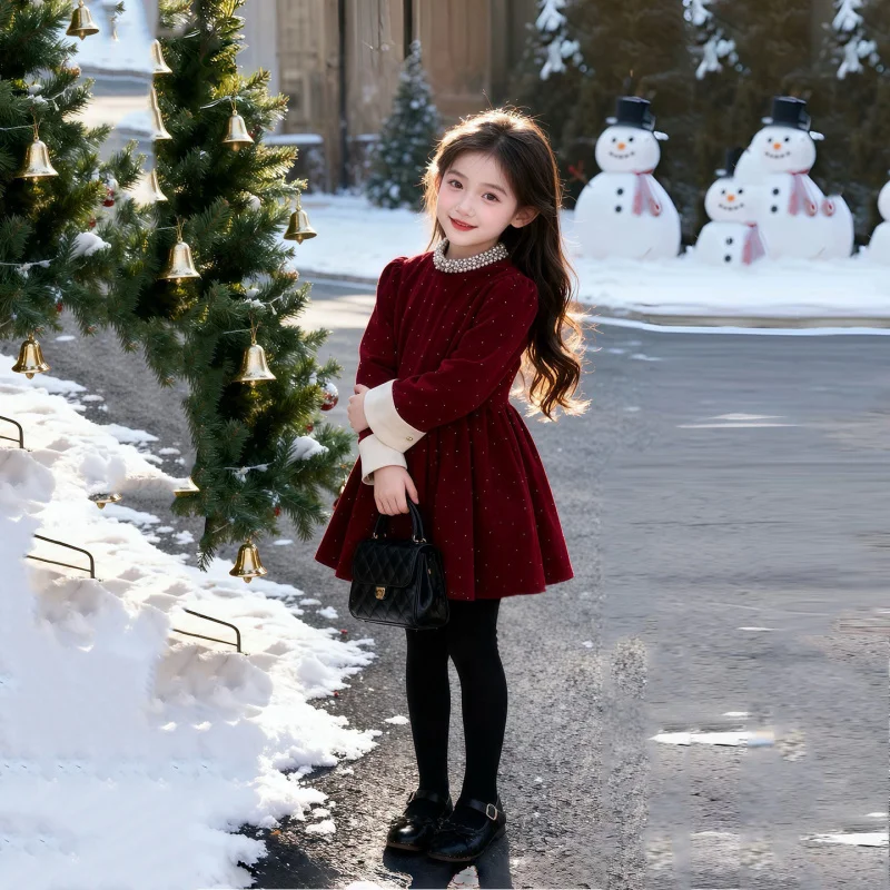 Girls New Velvet High Quality Red Bead Embroidery Princess Dress