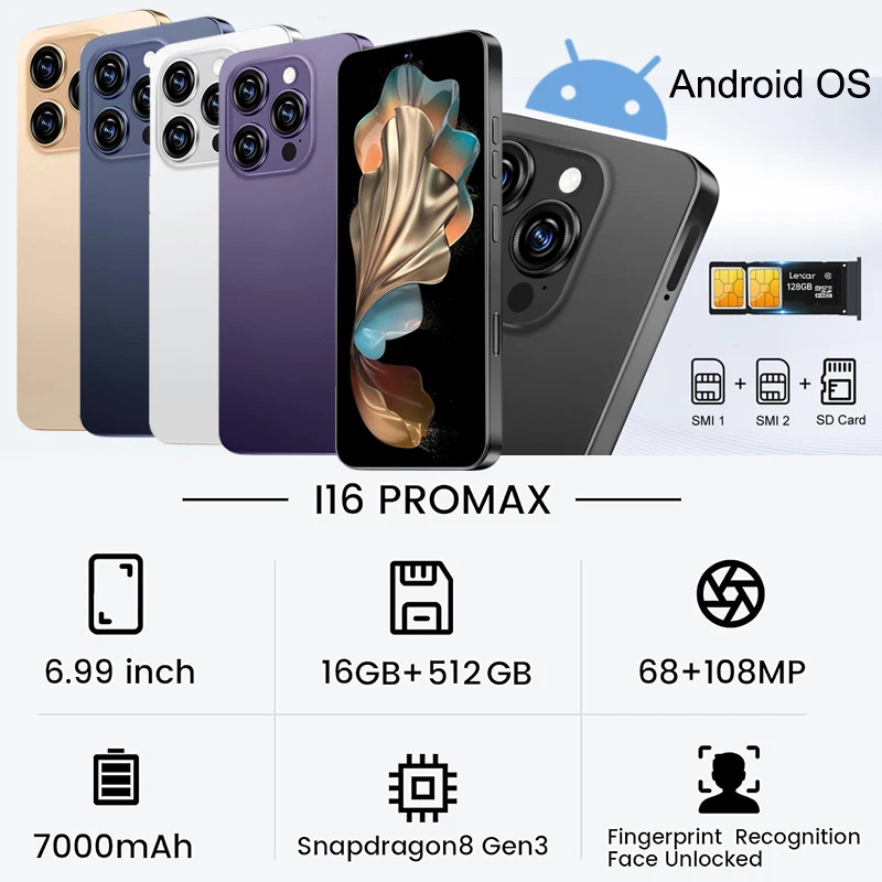 i16 Pro Max Unlock Smartphone and 64GB TF Card Set for Android,16+512GB,6.9" FHD Cell Phone,Goodplay Store App Dual SIM Wifi GPS