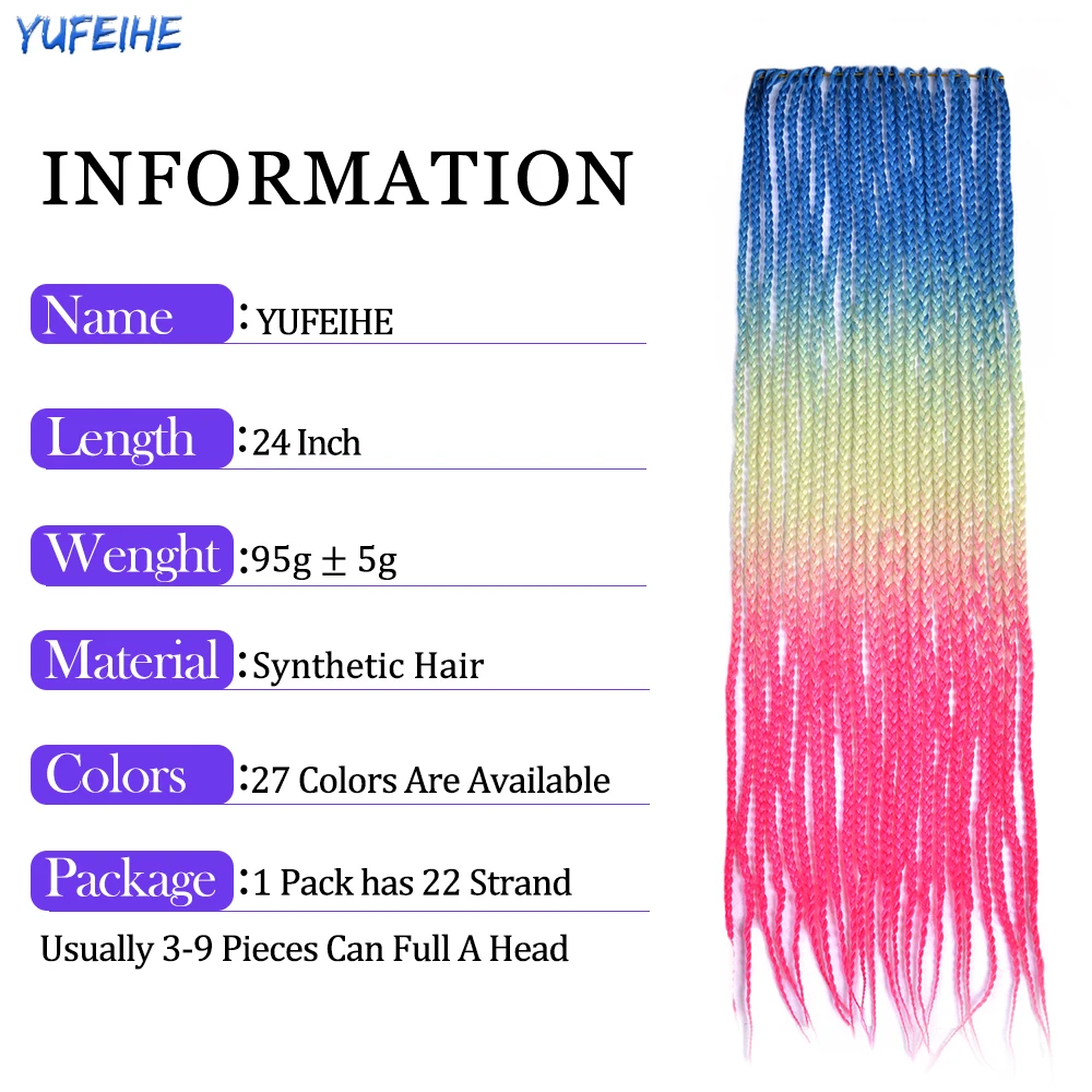 24 Inch Synthetic Box Braids Hair Extensions Crochet Hair Ombre Color Handmade Hair Strand Braid For African Women 22 Roots 18''