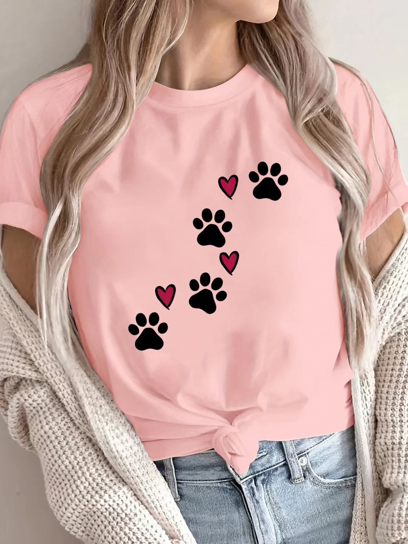 New Diagonal Cat Paw Pattern Women's T-shirt Summer Round Neck Versatile Short Sleeved Comfortable and Breathable Casual Top