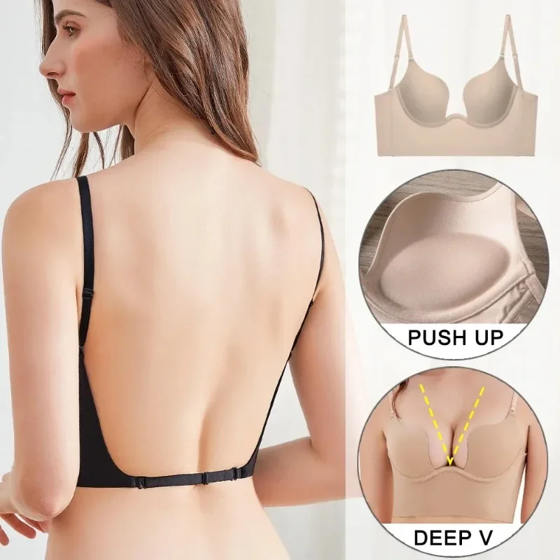 xgnvpy         Sexy Push-Up Bra - Low Cut Plunge, Open Back, Ideal for Weddings, Invisible Seamless Fit