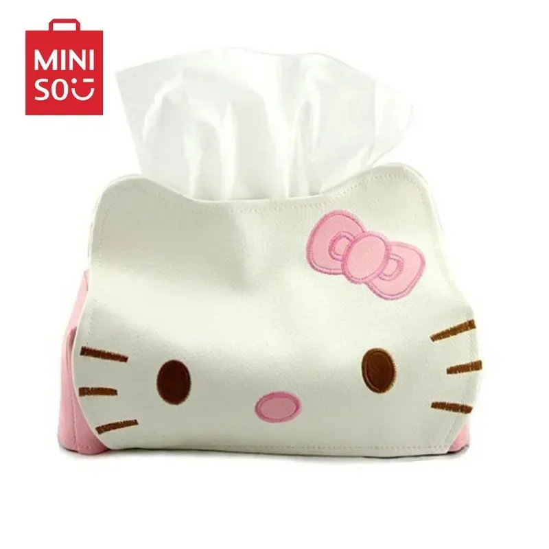 

2024 New Home Living Room Girl Heart Cute PU Tissue Bag Hello Kitty Fashion Leather Paper Box Desktop Storage Student White