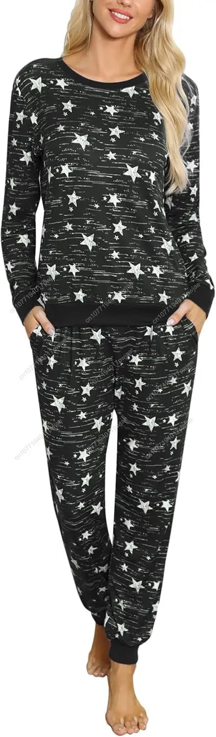

Мягкие женские пижамные комплекты, хлопковые пижамные комплекты с длинными рукавами, удобная одежда для сна из двух предметов, уютная одежда для дома, ночная рубашка с карманами