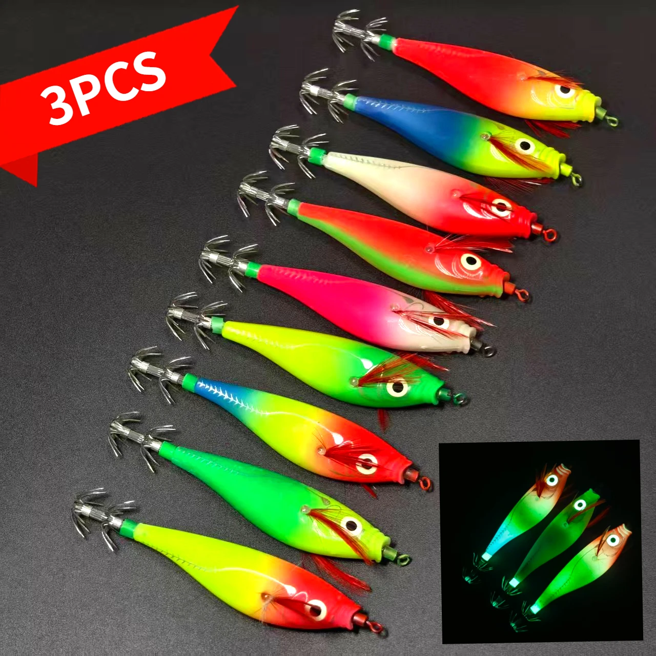 3 قطع من خطافات الحبار المتوهجة - طعوم الروبيان الأفقية - طعوم لـ Egi، رقص حبار الحبار، طعوم صلبة لصيد الأخطبوط