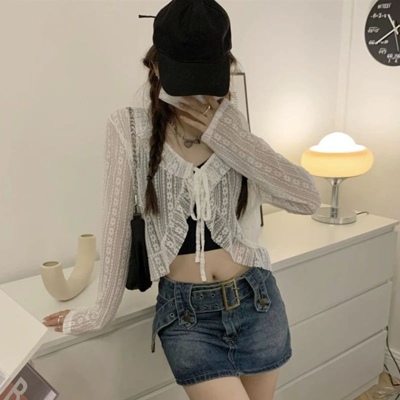 Blouses Women Sun-proof Elegant Vintage Bandage Design Aesthetic Prevalent Summer Korean Style Long-sleeve Thin Breathable Ins