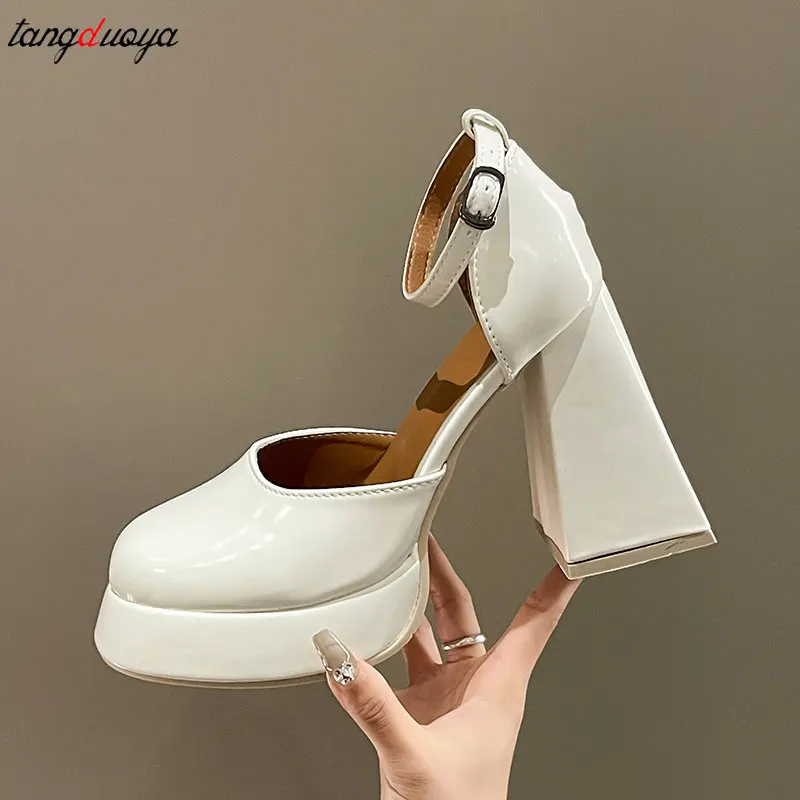 Vintage High Heels Mary Jane Shoes Women 2024 Patent Leather Platform Pumps Woman Elegant Solid Office Heels Thick-Heeled Shoes