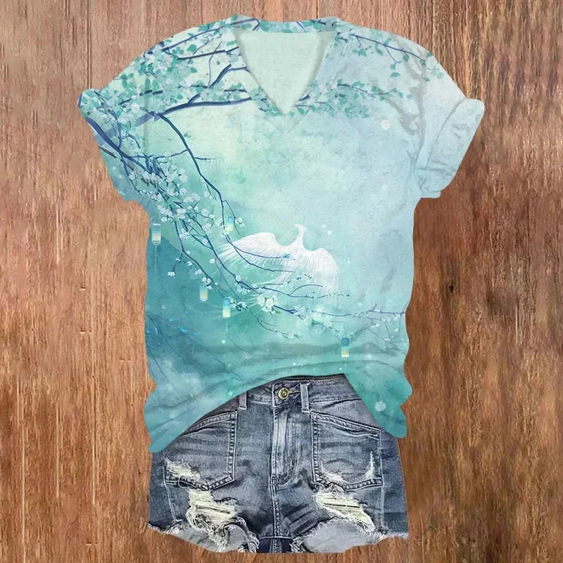 Phoenix & Flower Print v-neck T-Shirt Women's Summer Women's T Shirts