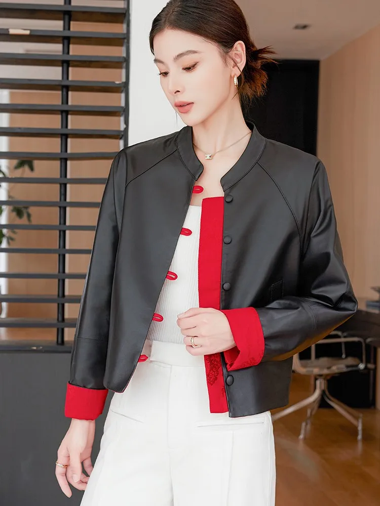 Veste en cuir véritable de mouton pour femmes, nouveau Style chinois, col montant, vêtements d'extérieur à la mode, Patchwork, simple boutonnage, manteau court décontracté