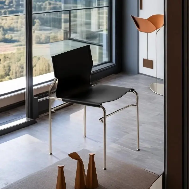 Italian Bauhaus dining chair, minimalist modern design, saddle leather, stainless steel color, suitable for island kitchens,