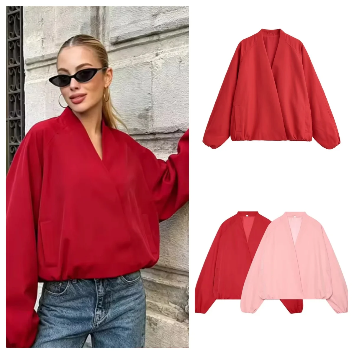 Guobioziy Women's Jacket 2026 Summer New Red Long Sleeve Loose Short Casual Coat Fashion Personalized Simple Versatile