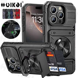 Case For iPhone 17 Pro Max 16 Pro 14 Pro Max 13 Card Holder Magnetic Rotated Ring Kickstand Layer Heavy Shockproof Wallet Covers