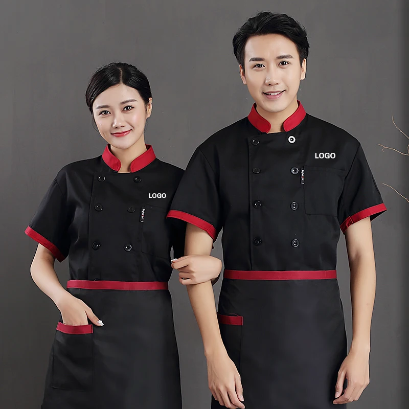 Mens Chef Shirt Uniform Short Sleeve Work Jacket Coat Hotel Restaurant Kitchen Stand Collar Cook Food Service Clothes Print Logo