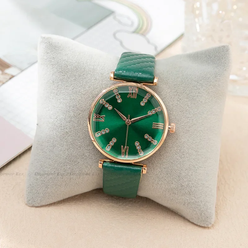 女性のためのローマのデザインの腕時計,クォーツ,グリーンレザーストラップ,高級ブランド,ファッション