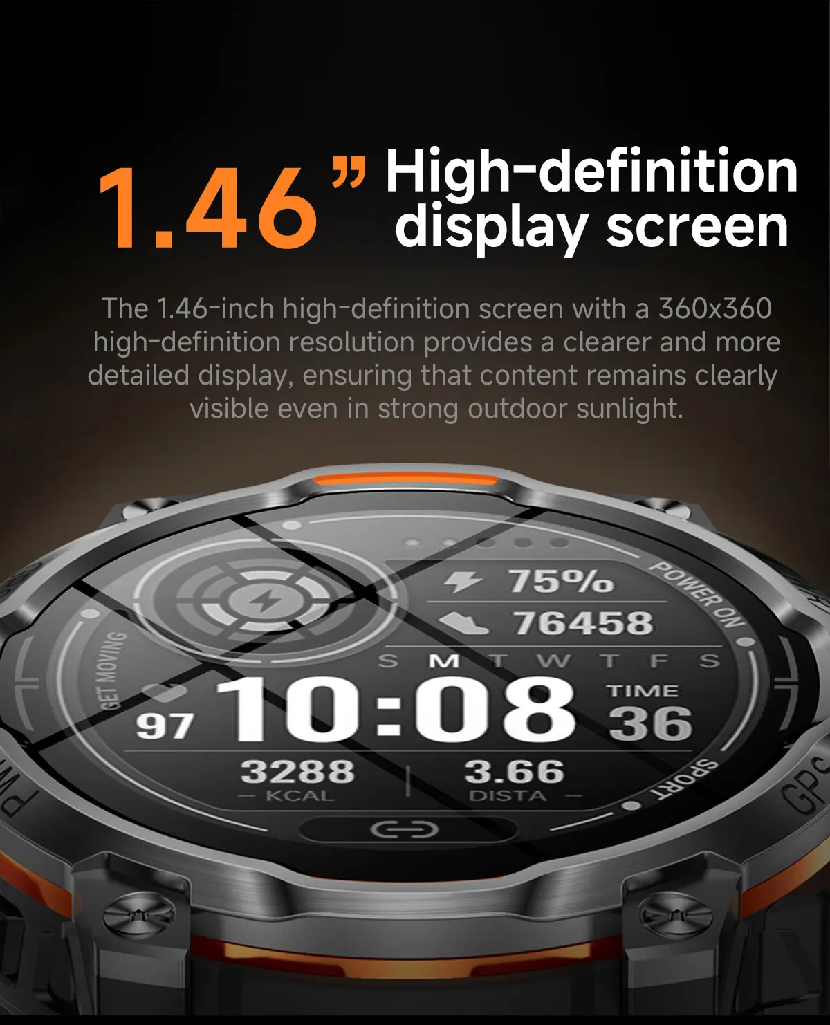 Neue 1,46 Zoll AMOLED Militärische Robuste Smartwatch GPS-Karte 5ATM Wasserdicht Blutdruck Anruf 1200mAh Akku Taschenlampe Armbanduhr für Herren – Detail 3