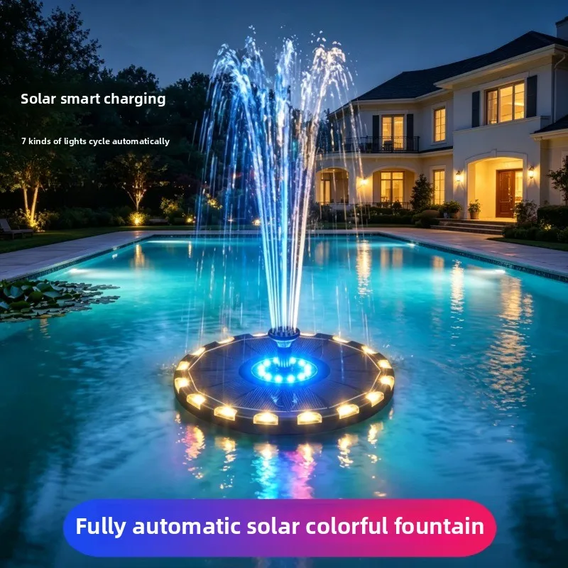 Outdoor Solar Powered Color LED Floating Fountain Auto Working Decor For Garden Pond Pool Bird Bath Water Ornament