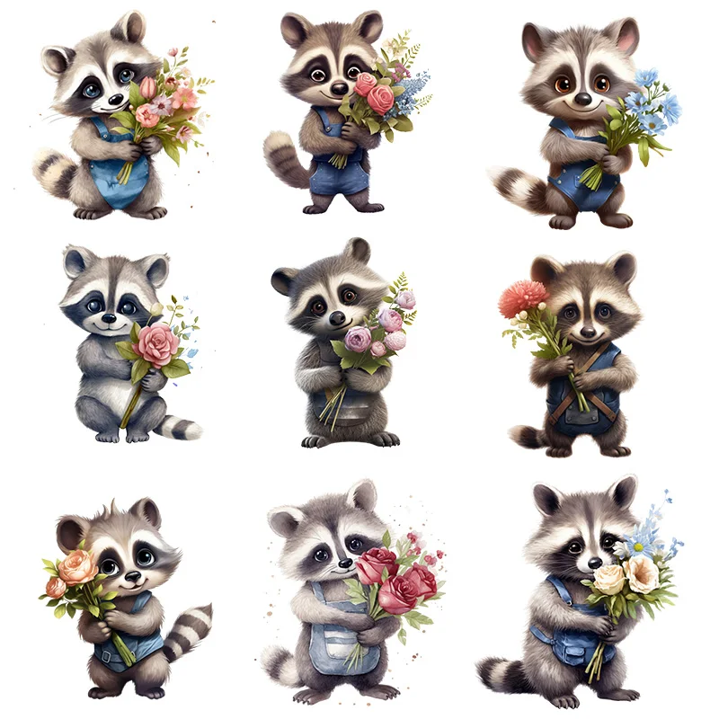 Raccoon Related to flower dtf Heat Transfer iron on transfer for clothing Iron On Patches Iron On Patches For Clothing.