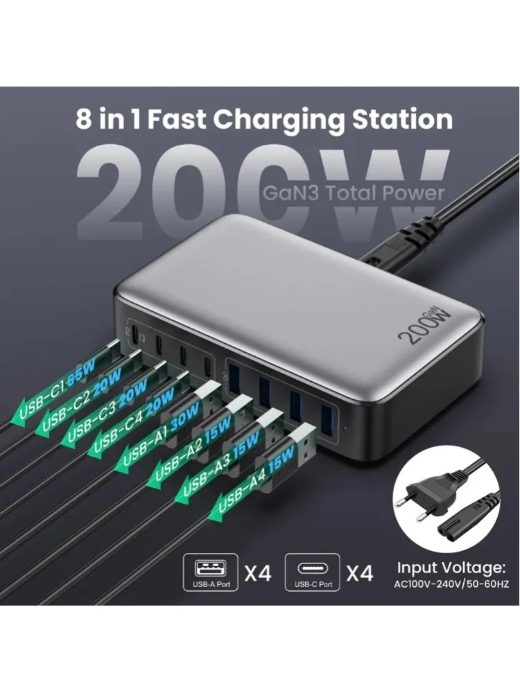 Ładowarka USB-C GaN 8-w-1 o mocy 200W, wieloportowy szybki adapter zasilania do ładowania smartfonów, laptopów i tabletów. — 2