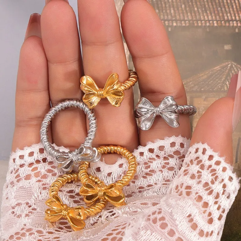 Stainless Steel Bowknot Rings For Women Gold Silver Color Waterproof Women\'s Twisted Ring Cute Girls Ring Luxury Woman Jewelry