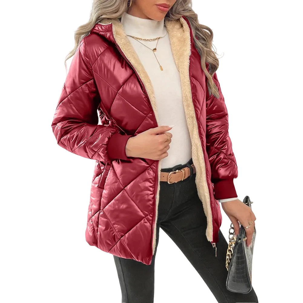 

Diamond Quilted Hooded Cardigan Jacket for Women Thick Plush Lined Winter Coat Suitable for Casual and Daily Wear